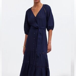 NWT Madewell Tie-Waist Tiered Midi Dress in Windowpane Navy Size 00
